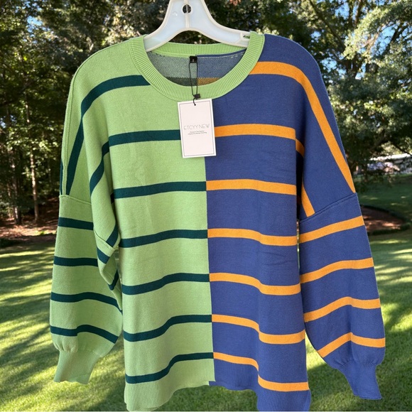 ETCYY NEW Sweaters - ETCYY NEW Blue, Gold and Green Striped Long Sleeve Women’s Sweater Sz S